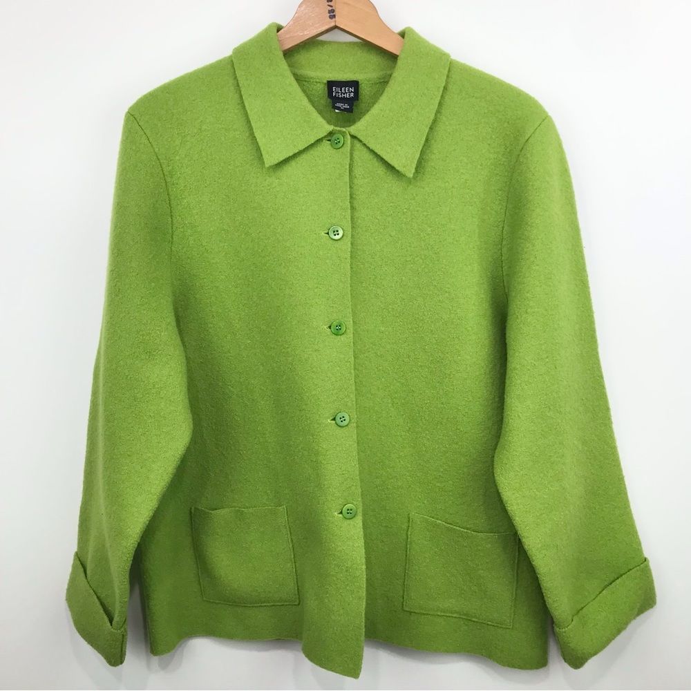 Eileen Fisher 100% Wool Lime Green Blazer Jacket